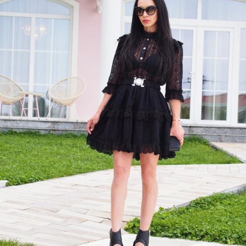 Black Lace Mini Dress With Belt Elegant Cotton