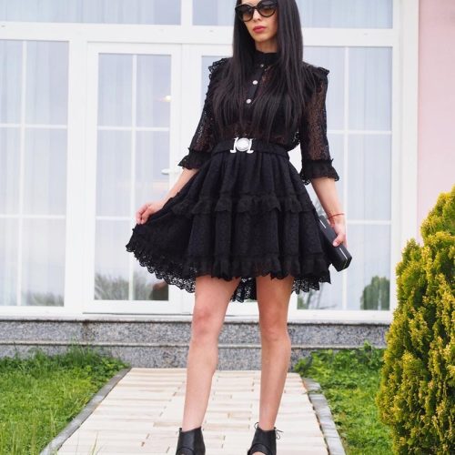 Black Lace Mini Dress With Belt Elegant Cotton