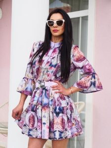 Floral Printed Mini Dress Bell Sleeves A Line