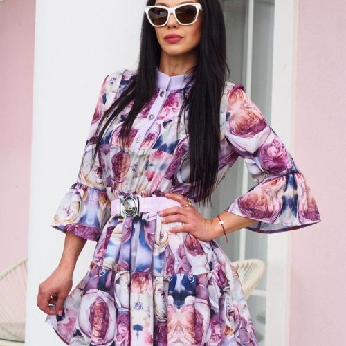 Floral Printed Mini Dress Bell Sleeves A Line
