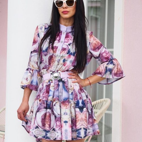 Floral Printed Mini Dress Bell Sleeves A Line
