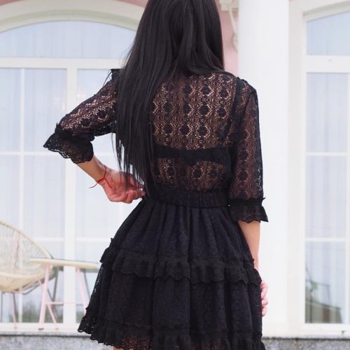 Black Lace Mini Dress With Belt Elegant Cotton