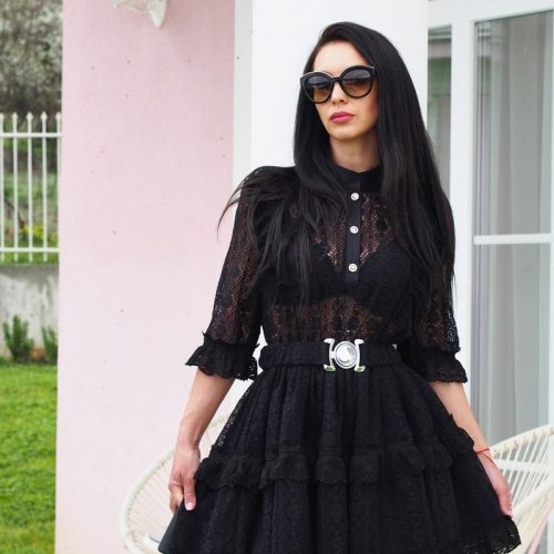 Black Lace Mini Dress With Belt Elegant Cotton