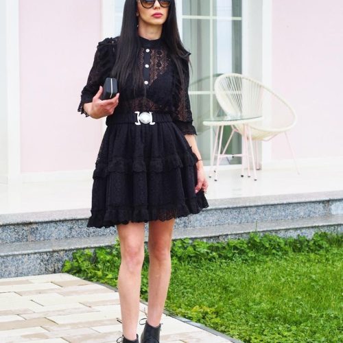 Black Lace Mini Dress With Belt Elegant Cotton