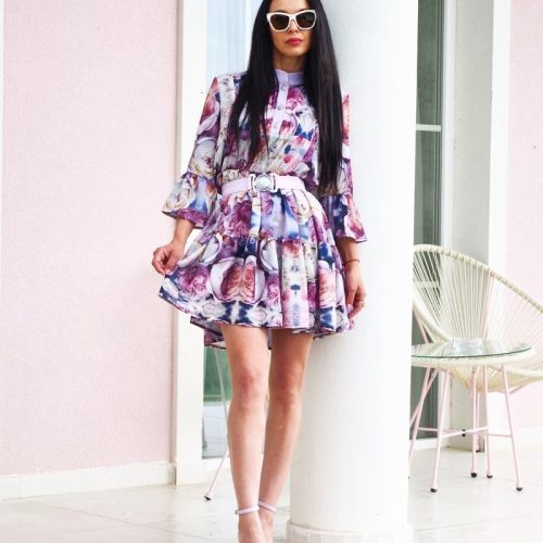 Floral Printed Mini Dress Bell Sleeves A Line