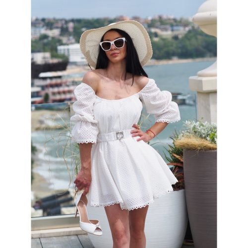 White Cotton Off Shoulder Mini Dress Embroidered Eyelet