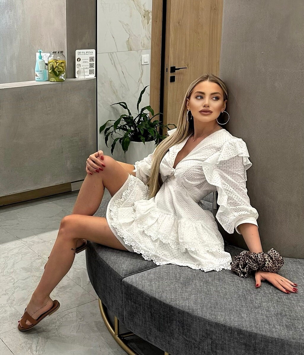 White Eyelet Mini Dress With Ruffles Embroidered Cotton