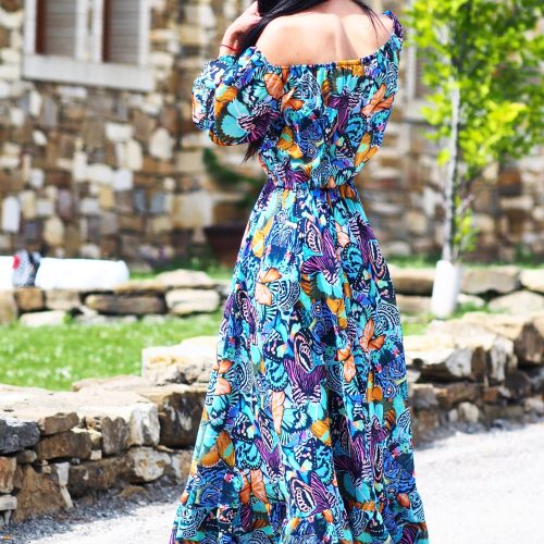Colorful Boho Off Shoulder Maxi Dress Butterfly Print