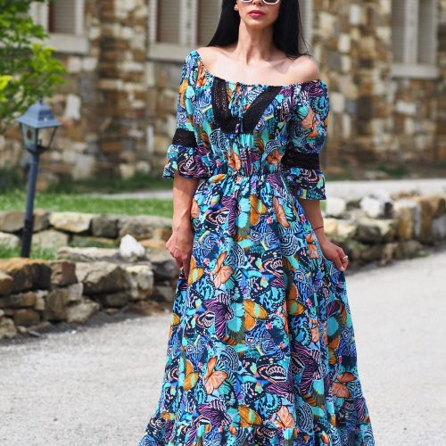 Colorful Boho Off Shoulder Maxi Dress Butterfly Print