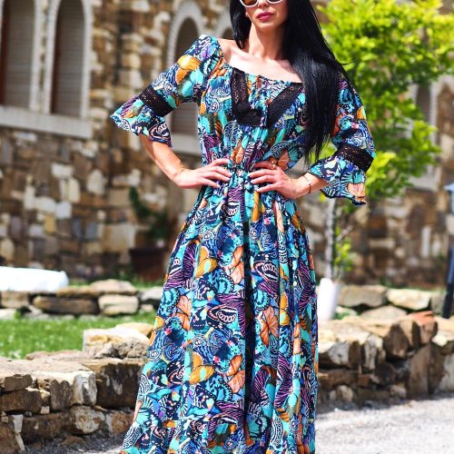 Colorful Boho Off Shoulder Maxi Dress Butterfly Print
