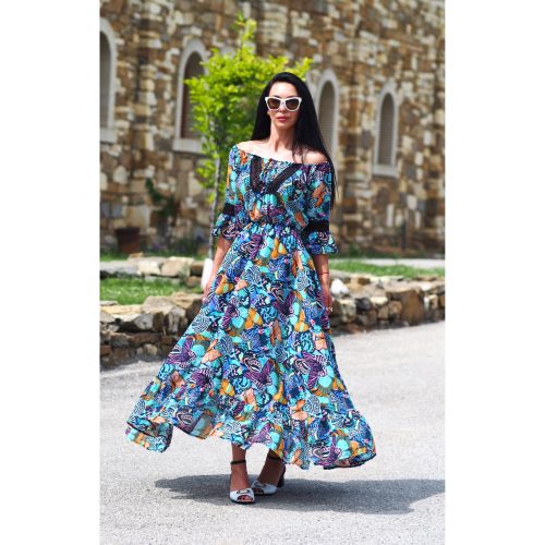 Colorful Boho Off Shoulder Maxi Dress Butterfly Print