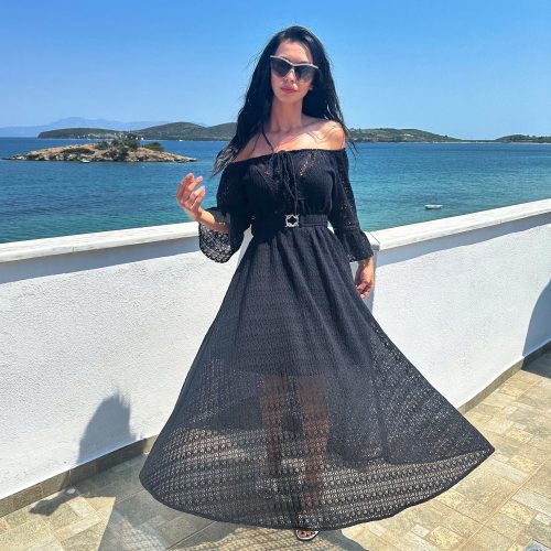 Elegant Black Off Shoulder Maxi Dress Sheer Lace