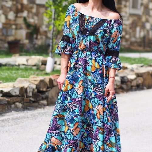 Colorful Boho Off Shoulder Maxi Dress Butterfly Print