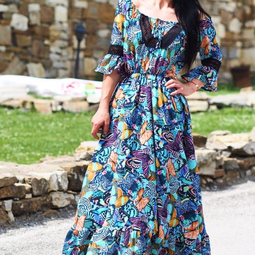 Colorful Boho Off Shoulder Maxi Dress Butterfly Print