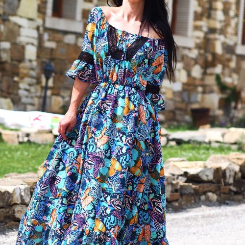 Colorful Boho Off Shoulder Maxi Dress Butterfly Print